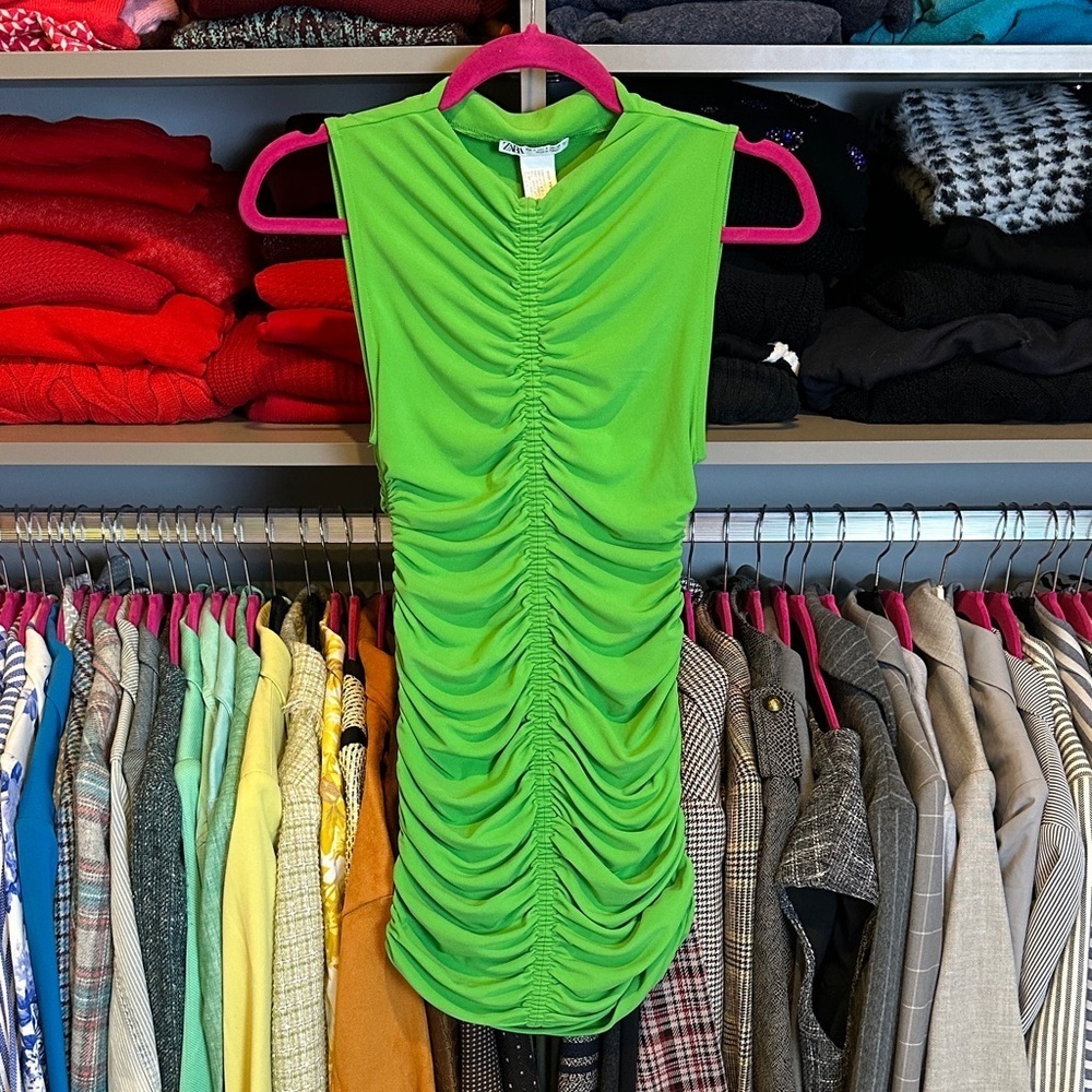 Zara green sleeveless ruched mini dress size S